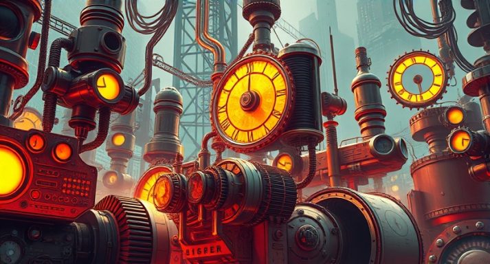 Steampunk-style machinery with glowing gauges in a foggy industrial setting.